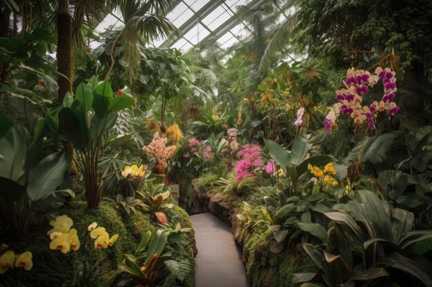 Tropische broeikas met weelderig gebladerte en bloeiende orchideeën gemaakt met generatieve AI