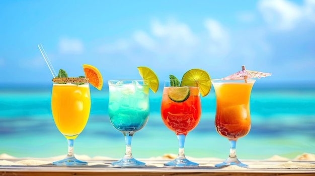 Tropische cocktail drank in glazen op oceaan of zeegebied achtergrond AI gegenereerde illustratie