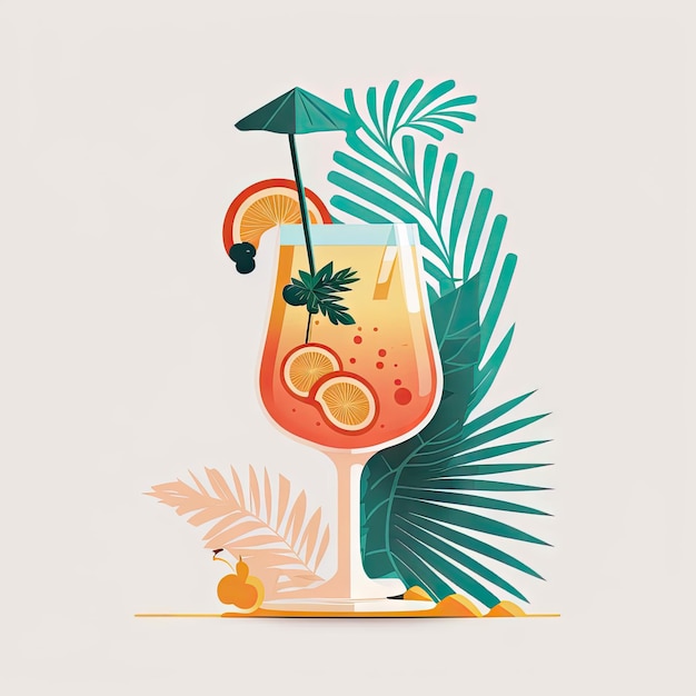 Foto tropische cocktail met fruit en palmbladeren ai generatieve illustratie alcoholische drank wijnglas voor exotisch feest platte kleur illustratie