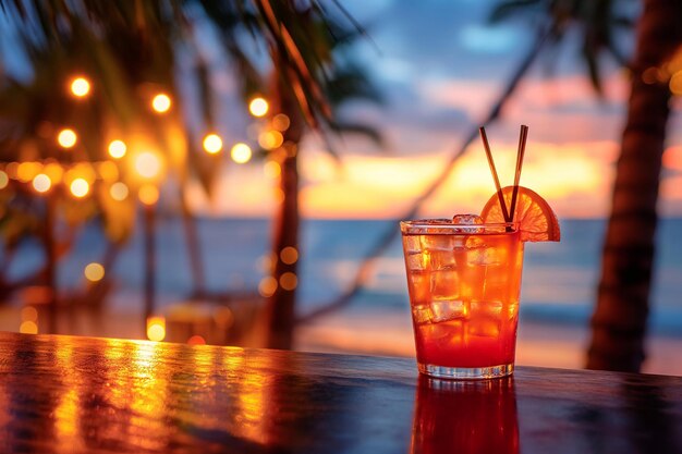 Tropische cocktail op een strandcafé tafel Verfrissende fruitcocktail op een luxe tropisch strandresort Partij zomervakanties vakanties zomer exotische alcoholische dranken Zomer vibes strandtoerisme