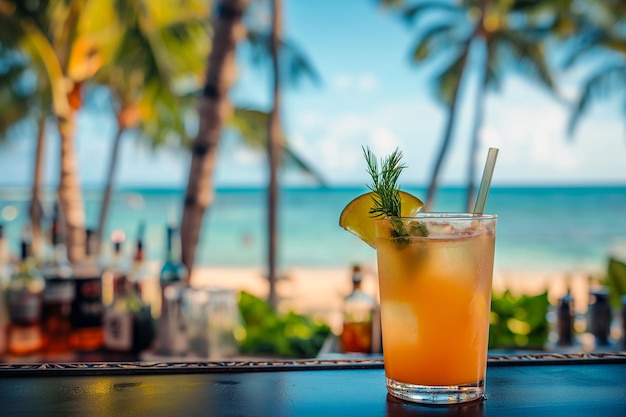 Tropische cocktail op een strandcafé tafel Verfrissende fruitcocktail op een luxe tropisch strandresort Partij zomervakanties vakanties zomer exotische alcoholische dranken Zomer vibes strandtoerisme