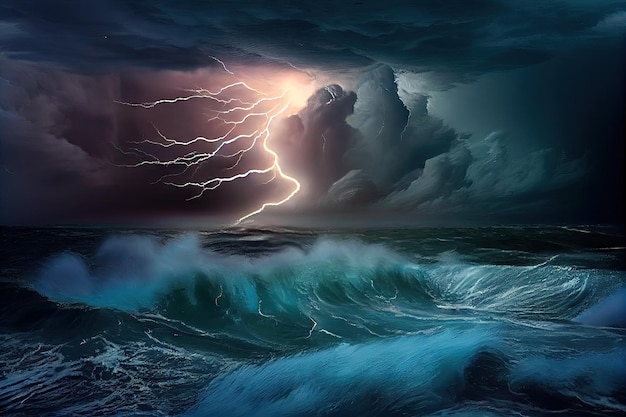 Foto tropische cycloon met bliksemstorm die over de oceaan rolt, gecreëerd met generatieve ai