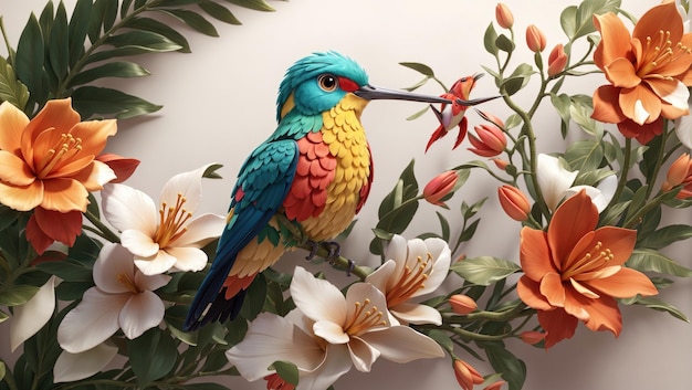 Tropische elegantie vintage vogel en kolibrie tattoo ontwerp met exotische bloemen