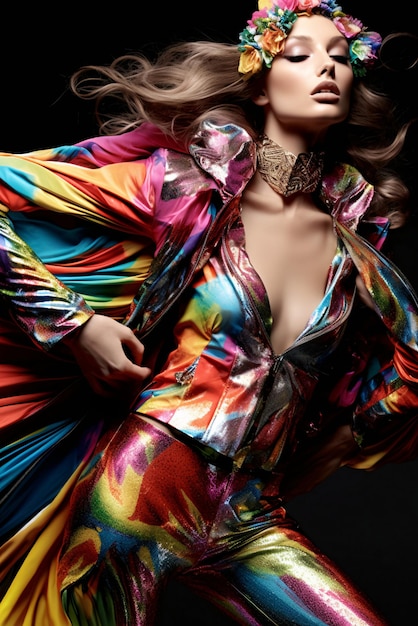 Tropische en metallic modevrouwenstijl met een kleurrijke blouse en rok AI gegenereerd