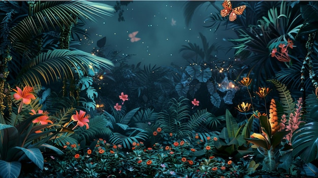Tropische exotische planten achtergrond in de nacht