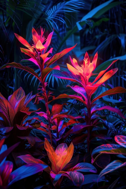 Tropische flora gloeit onder kunstzinnige lichtverf