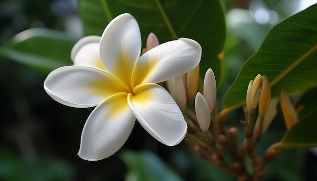 Tropische frangipani bloesem symbool van liefde en exotische schoonheid gegenereerd door kunstmatige intelligentie