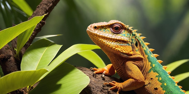 Tropische hagedis in de jungle op een zonnige dag Regenwoudillustratie met helder kleurrijk reptiel onder exotische planten met grote bladeren Achtergrond met ongerept natuurlandschap Generatieve AI