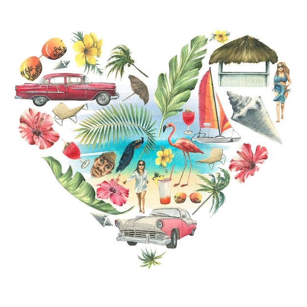 Tropische hartvormige print met bladeren en palmbomen retro auto's strandaccessoires en meisjes tegen de achtergrond van de zee en het zand Aquarel illustratie uit een grote CUBA set