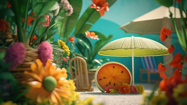Foto tropische heldere kleurrijke achtergrond met exotisch fruit en bloemen zomer minimaal modeconcept