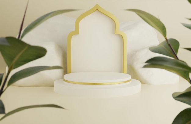 Tropische islamitische ramadan groet crème achtergrond met 3d moskee ornament arabische lantaarns