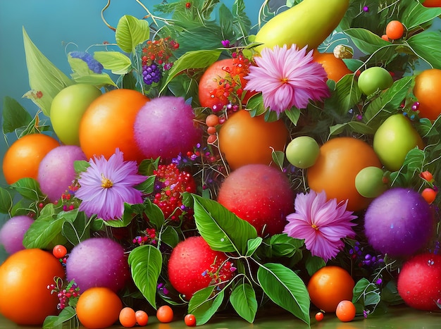 Tropische jungle fruittekening met neon bloemen