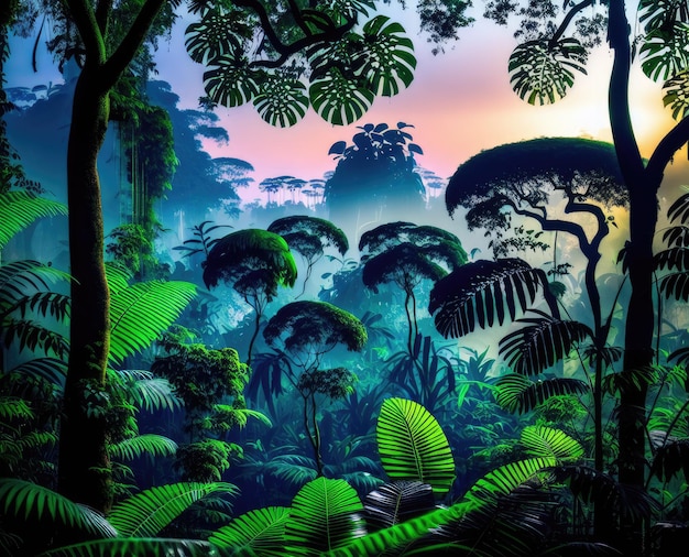 tropische jungle in een prachtig bos bij zonsondergang het concept van het nachtlandschap in de lucht
