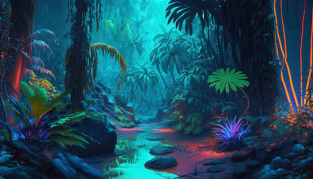 Tropische jungle in levendige neonkleuren met gradiënt Synthwave-regenwoud Generatieve AI