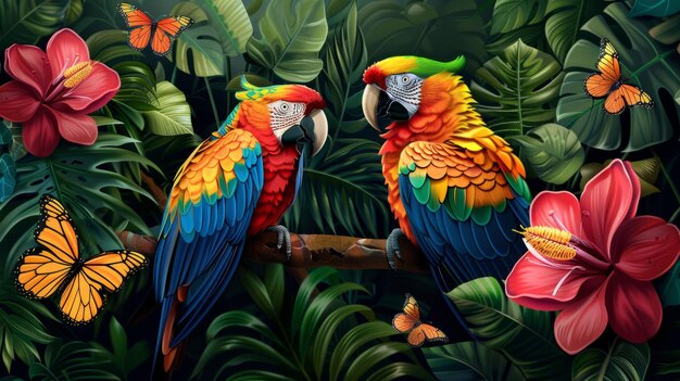 Tropische jungle met kleurrijke vogels en vlinders