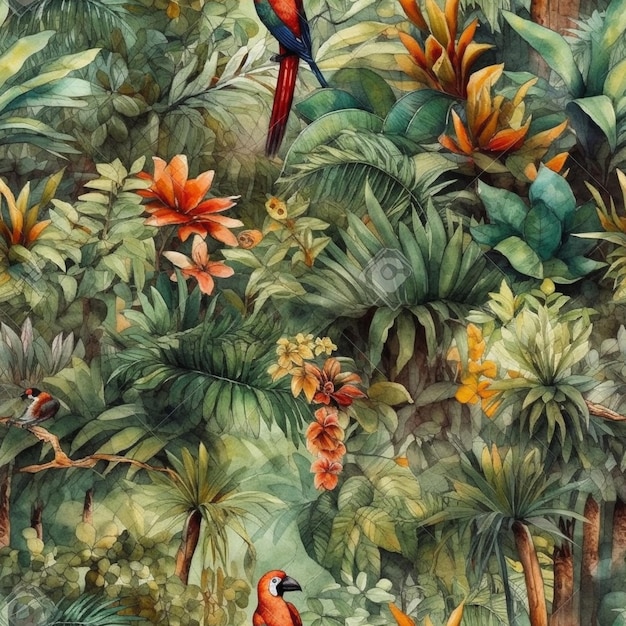 Tropische jungle met vogels en bloemen.