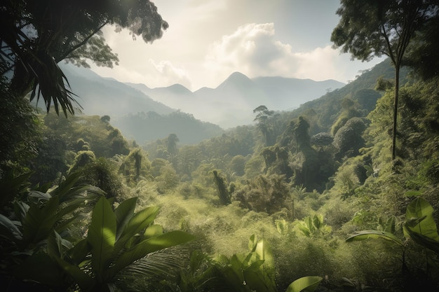 Tropische jungle open plek met uitzicht op rokerige bergketen in de verte