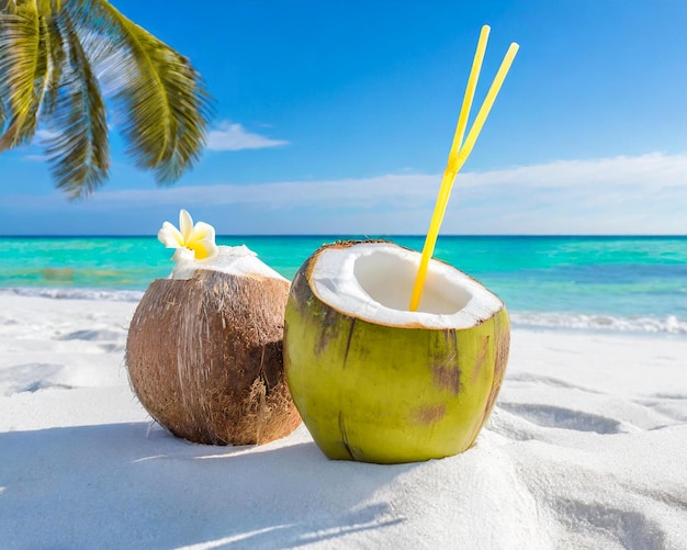 Tropische kokosnootdrankjes op het strand helderwit minimalistisch