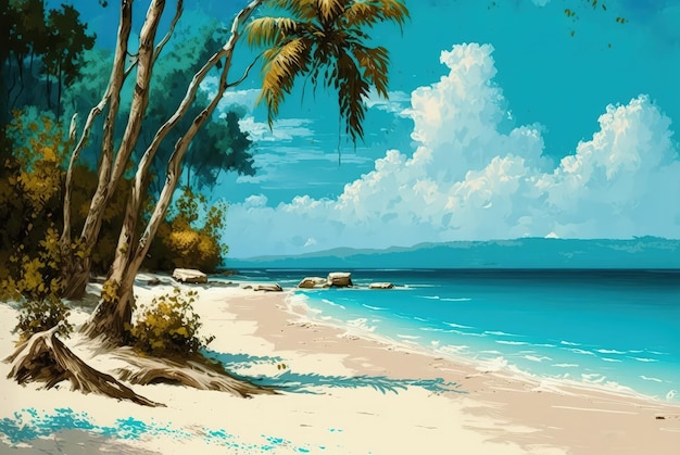 Tropische kust met wit zand Prachtig paradijs strand Palmbomen Zon Zee Generatieve AI Illustratie