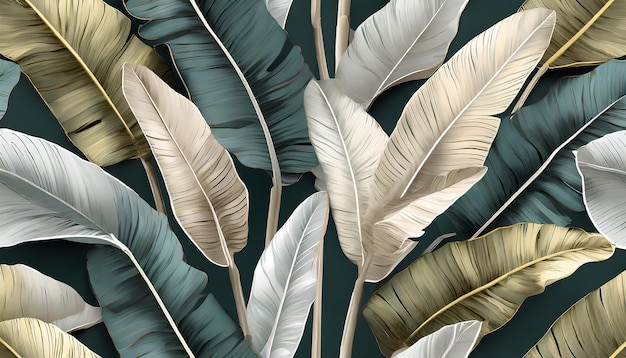 Foto tropische luxe exotisch naadloos patroon pastel kleurrijke bananenbladeren palm handgetekend vintage