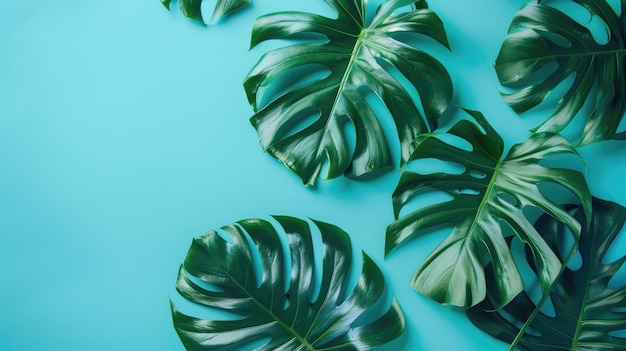 Tropische monstera bladeren op blauwe achtergrond Minimalistische mode zomer sjabloon