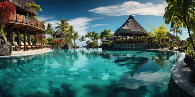 Foto tropische omgeving exotisch eiland hotelresort motief met palmboom reflecterend in zomerstrandzwemmen