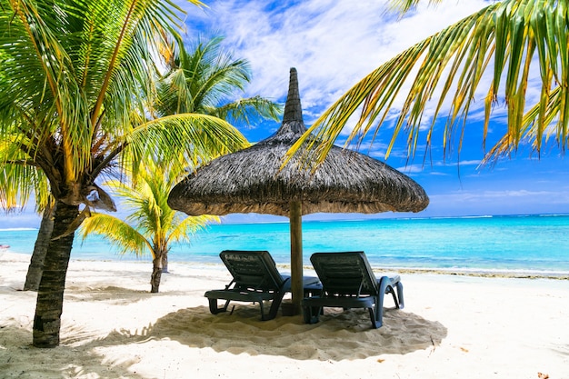 Tropische ontspannende vakantie. witte zandstranden van Mauritius isalnd