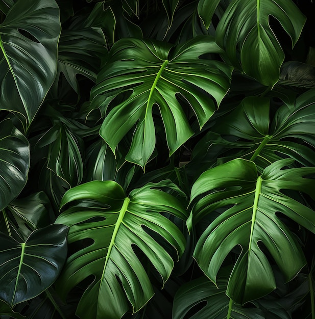 Tropische palmblaadjes met een groen achtergrondpatroon gegenereerd door AI