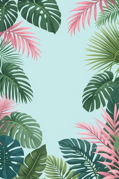 Foto tropische palmbladeren en takken op een blauwe achtergrond verticale compositie