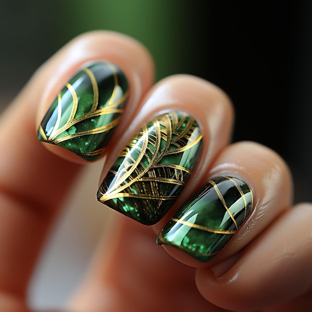 Tropische palmbladeren nagels ontwerpen groene en gouden kleuren Trop concept idee creatieve kunst fotoshoot