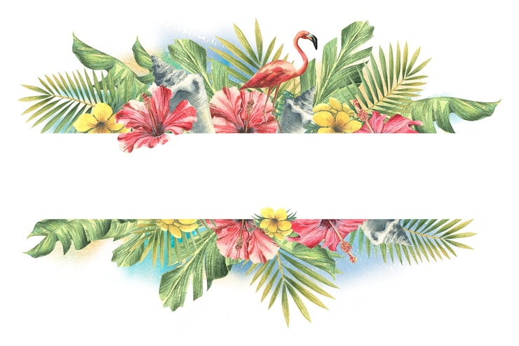 Foto tropische palmbladeren rode hibiscus bloemen schelpen en roze flamingo's tegen de azuurblauwe zee en lucht aquarel illustratie een helder frame uit de cuba collectie voor decoratie