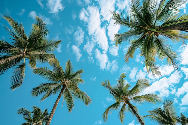 Tropische palmbomen tegen een heldere blauwe lucht met pluizige witte wolken