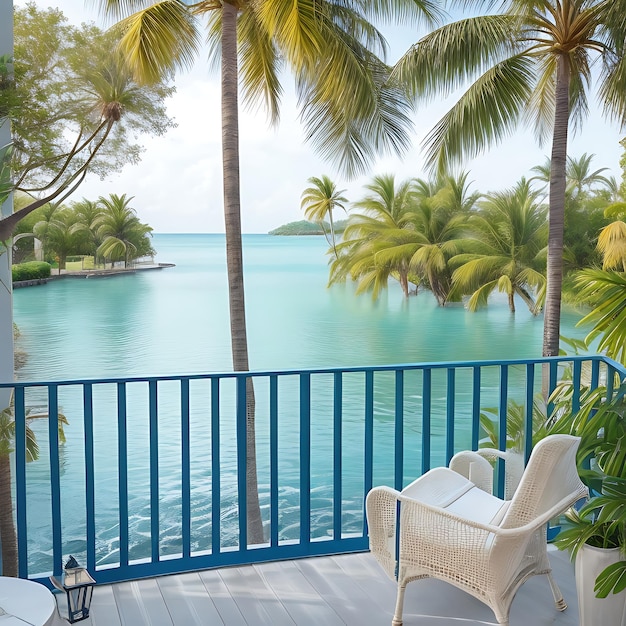 Tropische palmbomen zwaaien water schittert ontspanning wacht op balkon AI