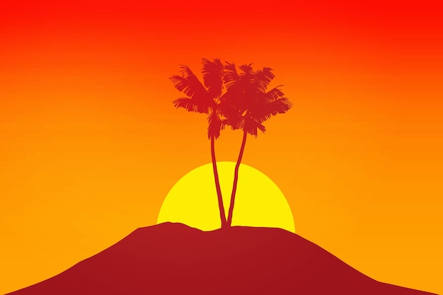 Tropische palmboom silhouet tegen avondrood 3D-rendering