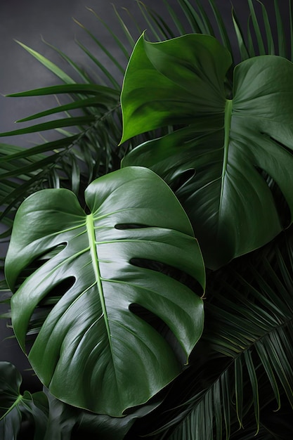 Tropische palmmonstera bladeren geïsoleerd op grijze tafel achtergrond genereren ai
