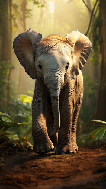 Tropische peuter jonge olifant kalf wandelen in de wildernis generatieve AI