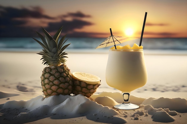 Tropische pina colada-cocktail met ananaszonsondergang op zee Generatieve AI 2