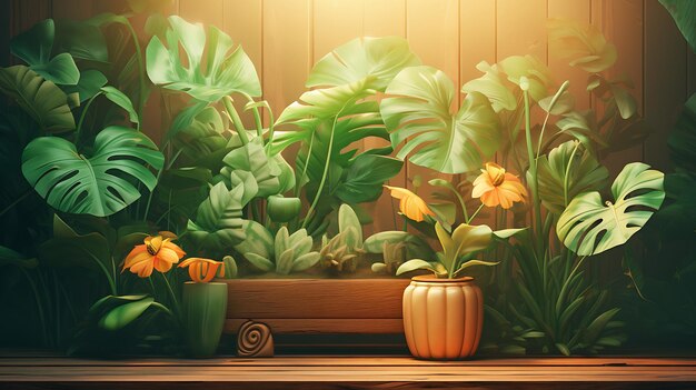 Foto tropische planten in houten kist in het bos generatieve ai