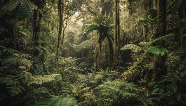Tropische regenwouden schoonheid in de natuur groene varens palmbomen groei gegenereerd door kunstmatige intelligentie