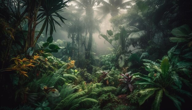 Foto tropische regenwoudschoonheid in de natuur groene palmboom natte varen gegenereerd door kunstmatige intelligentie