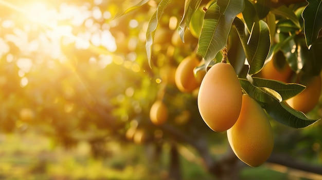 Tropische rijpe gele mango's hangen op een boomtak