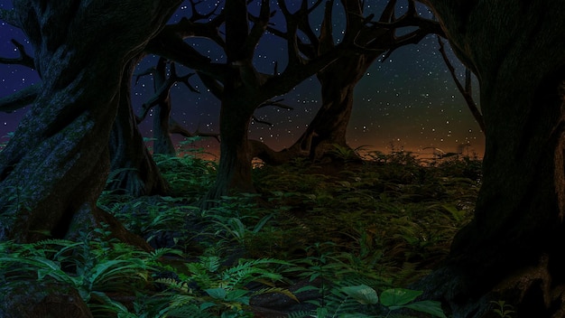 Tropische sterrennacht planten berg naadloze grens mysterieuze achtergrond Exotische donkere jungle