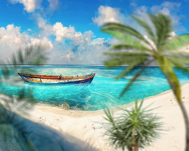 tropische stranden blauwe lucht, whute wolken in hartvorm exotische bloemen en palmboom op zee golf