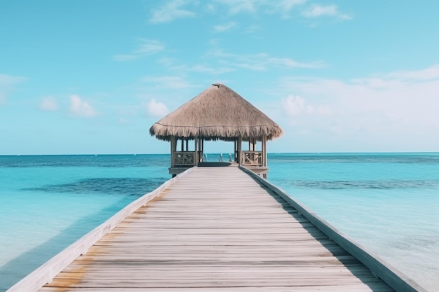 Tropische strandpier met een hut aan het einde, minimalistisch uitzicht op de oceaan Generatieve AI