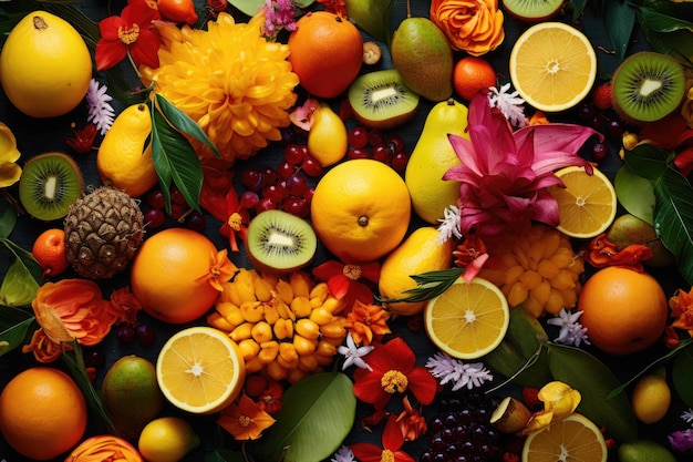 Tropische symfonie Een levendige flatlay-fusie van exotische vruchten