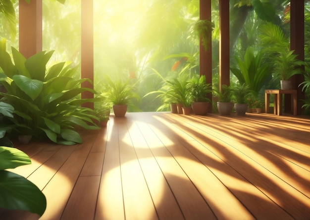Tropische tuin met zonlicht en houten vloer Generatieve AI Illustratie