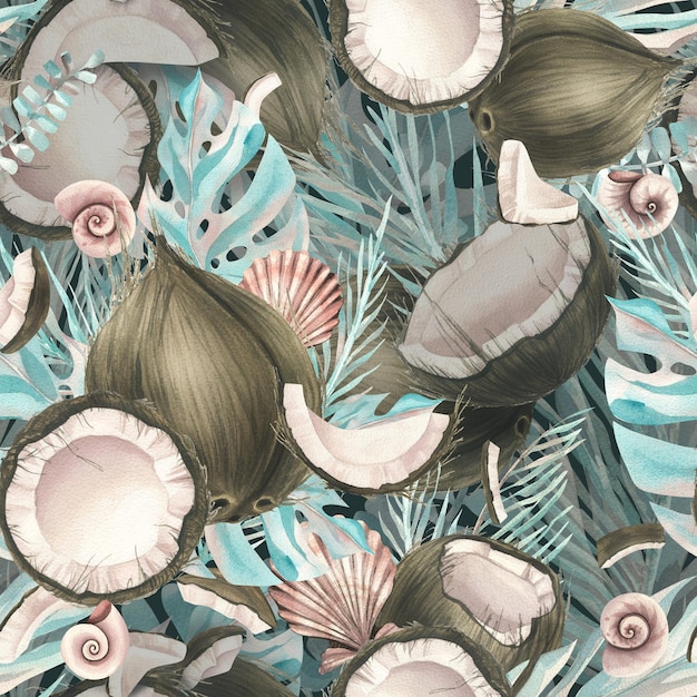 Tropische turquoise bladeren met verschillende vormen en stukjes kokosnoot Aquarel illustratie Naadloos patroon uit de COCONUT collectie Voor stof textiel behang verpakking menu's recepten