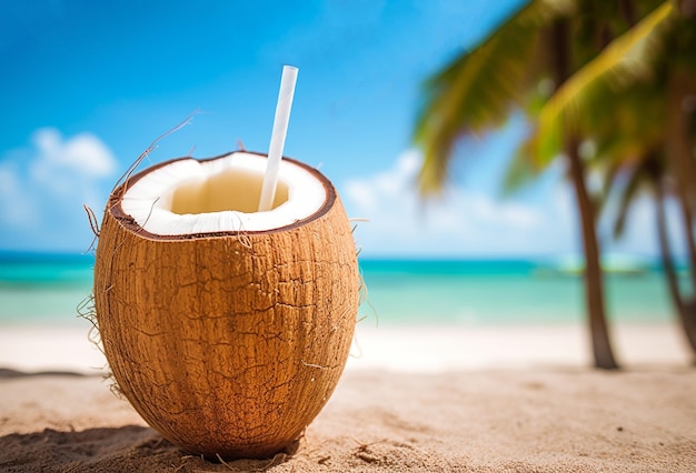 Tropische verse kokosnootcocktail met stro op wit strand met blauwe oceaan en palmbomen op de rug