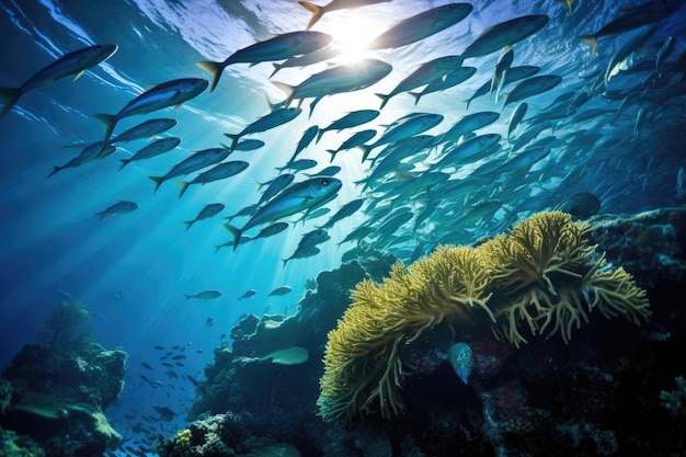 Tropische vissen en koralen onder water in de Rode Zee Een school sardines in een blauw tropisch koraalrif AI gegenereerd