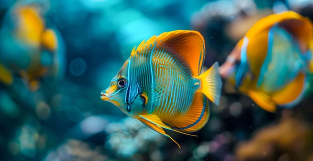 Tropische vissen met gele en blauwe strepen in helder oceaanwater